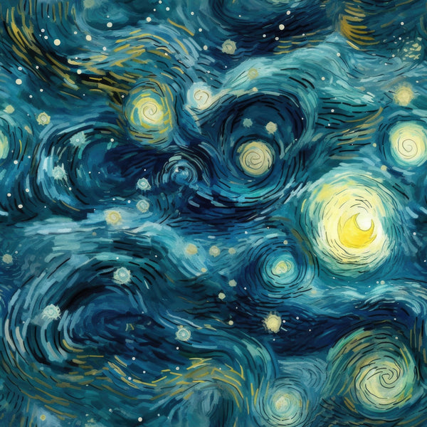 navy blue, deep blue, yellow, golden yellow, white dots, swirling patterns, spiral motifs, starry sky, night scene, celestial design, impressionist style, dreamy atmosphere, van gogh inspired, cosmic swirls,, fabric panel, artistic print, flowing brushstrokes, luminous stars, nocturnal theme