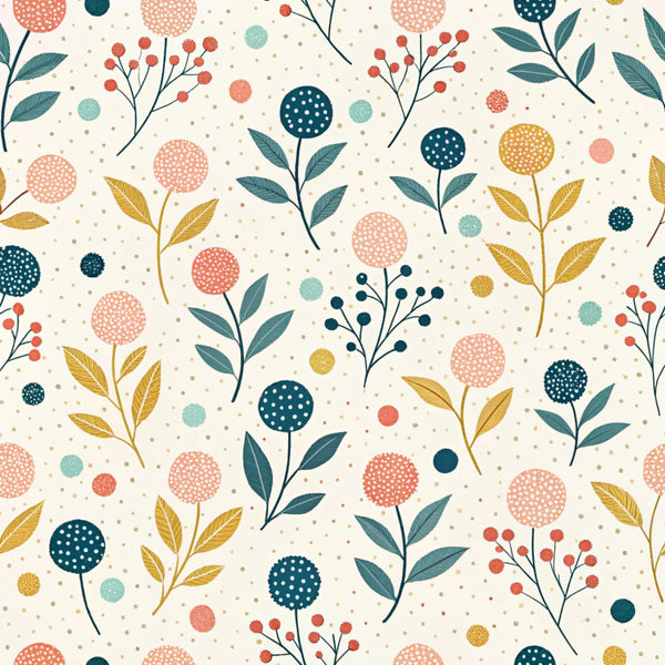 coral pink, teal, navy blue, mustard yellow, mint green, sage green, cream, botanical, floral, geometric circles, nature, modern, whimsical, scandinavian, mid-century modern, wildflowers, berries, leaves, dotted, playful, nursery, kids room, baby, spring, summer, contemporary, boho, organic, delicate, cottage core