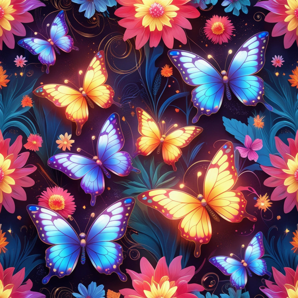fantasy butterflies, vibrant colors, purple wings, blue wings, yellow wings, orange wings, pink flowers, tropical blooms, dark background, magical pattern,, fabric panel, whimsical design, nature motifs, floral elements, enchanted garden, butterfly wings, colorful insects, fantasy creatures, decorative swirls