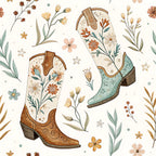 western boots, cowboy boots, floral, wildflowers, daisies, rust orange, cream, sage green, dusty blue, botanical, vintage western, rustic, boho, whimsical, nature, country, farmhouse, prairie, folk art, embroidered details, boot motif, wildflower sprigs, nursery, playroom, kids room, autumn, western theme, cottage core, decorative stitching