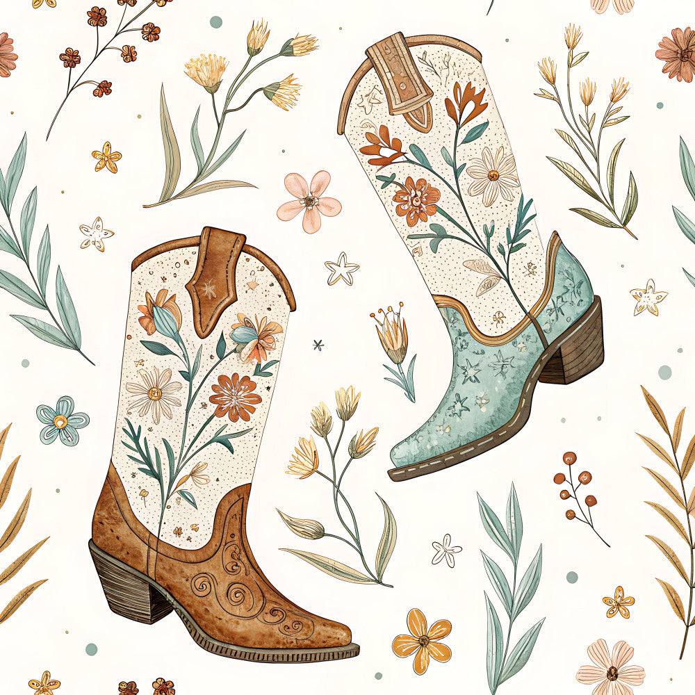 western boots, cowboy boots, floral, wildflowers, daisies, rust orange, cream, sage green, dusty blue, botanical, vintage western, rustic, boho, whimsical, nature, country, farmhouse, prairie, folk art, embroidered details, boot motif, wildflower sprigs, nursery, playroom, kids room, autumn, western theme, cottage core, decorative stitching