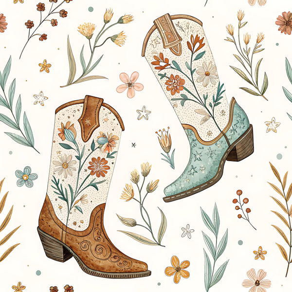 western boots, cowboy boots, floral, wildflowers, daisies, rust orange, cream, sage green, dusty blue, botanical, vintage western, rustic, boho, whimsical, nature, country, farmhouse, prairie, folk art, embroidered details, boot motif, wildflower sprigs, nursery, playroom, kids room, autumn, western theme, cottage core, decorative stitching