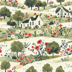 cottagecore pattern,, fabric panel, rolling hills, country houses, white cottages, red flowers, green foliage, pastoral landscape, whimsical illustration, sage green, coral red, cream background, trees, botanical elements, rural scene, folk art style, charming countryside, wildflowers, cozy homes