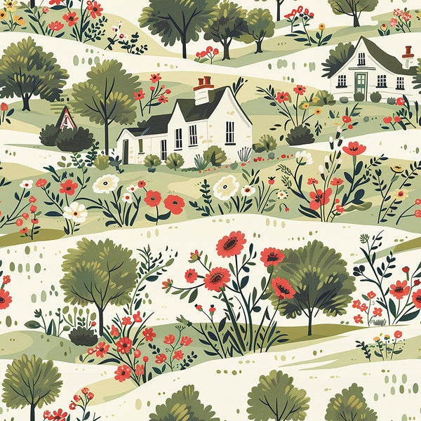 cottagecore pattern,, fabric panel, rolling hills, country houses, white cottages, red flowers, green foliage, pastoral landscape, whimsical illustration, sage green, coral red, cream background, trees, botanical elements, rural scene, folk art style, charming countryside, wildflowers, cozy homes