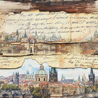 vintage maps, aged paper, handwritten script, european cityscape, cathedral spires, church domes, sepia tones, brown hues, cream colors, weathered textures, architectural landmarks, medieval buildings,, fabric panel, travel theme, antique illustrations, watercolor style, historical documents, old world charm, distressed edges