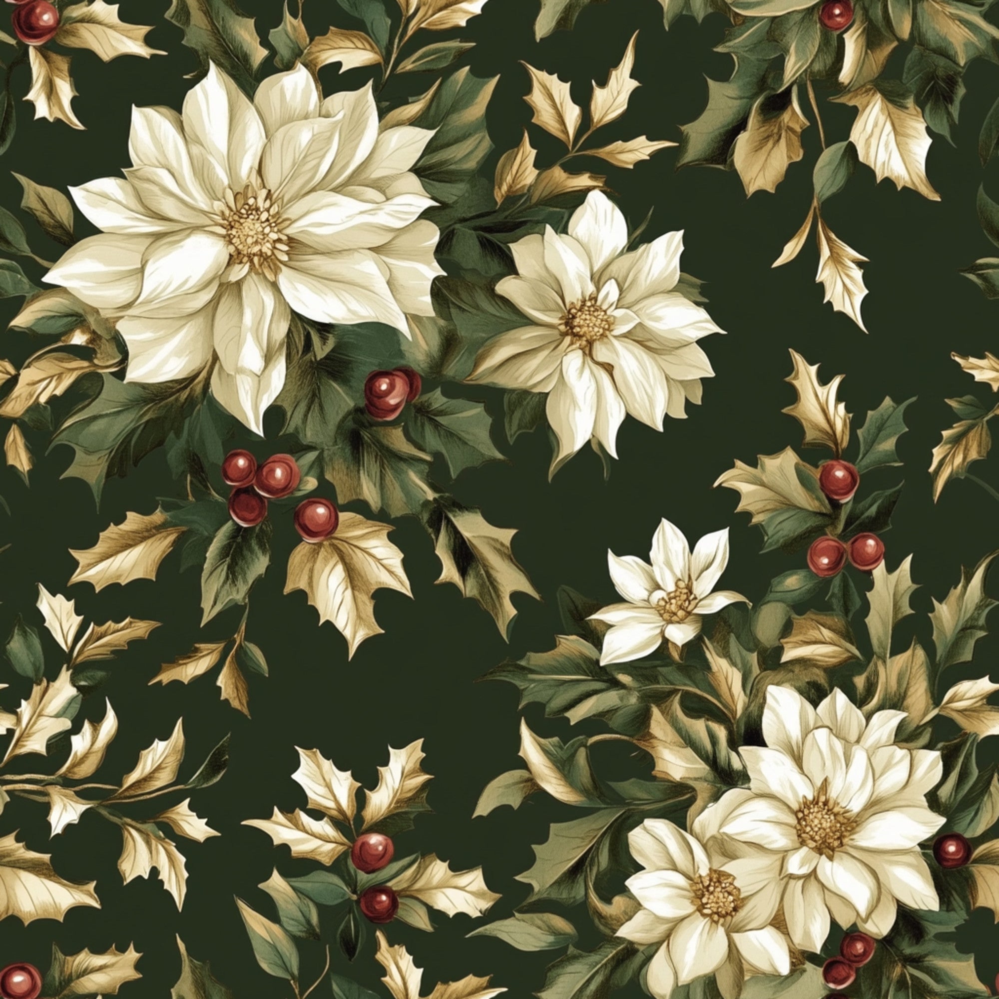 cream flowers, white blooms, red berries, holly leaves, green foliage, dark green background, botanical pattern, christmas motif, holiday fabric, winter florals,, fabric panel, seasonal design, festive pattern, natural elements, floral arrangement, dahlia flowers, vintage style, rich colors, repeating pattern