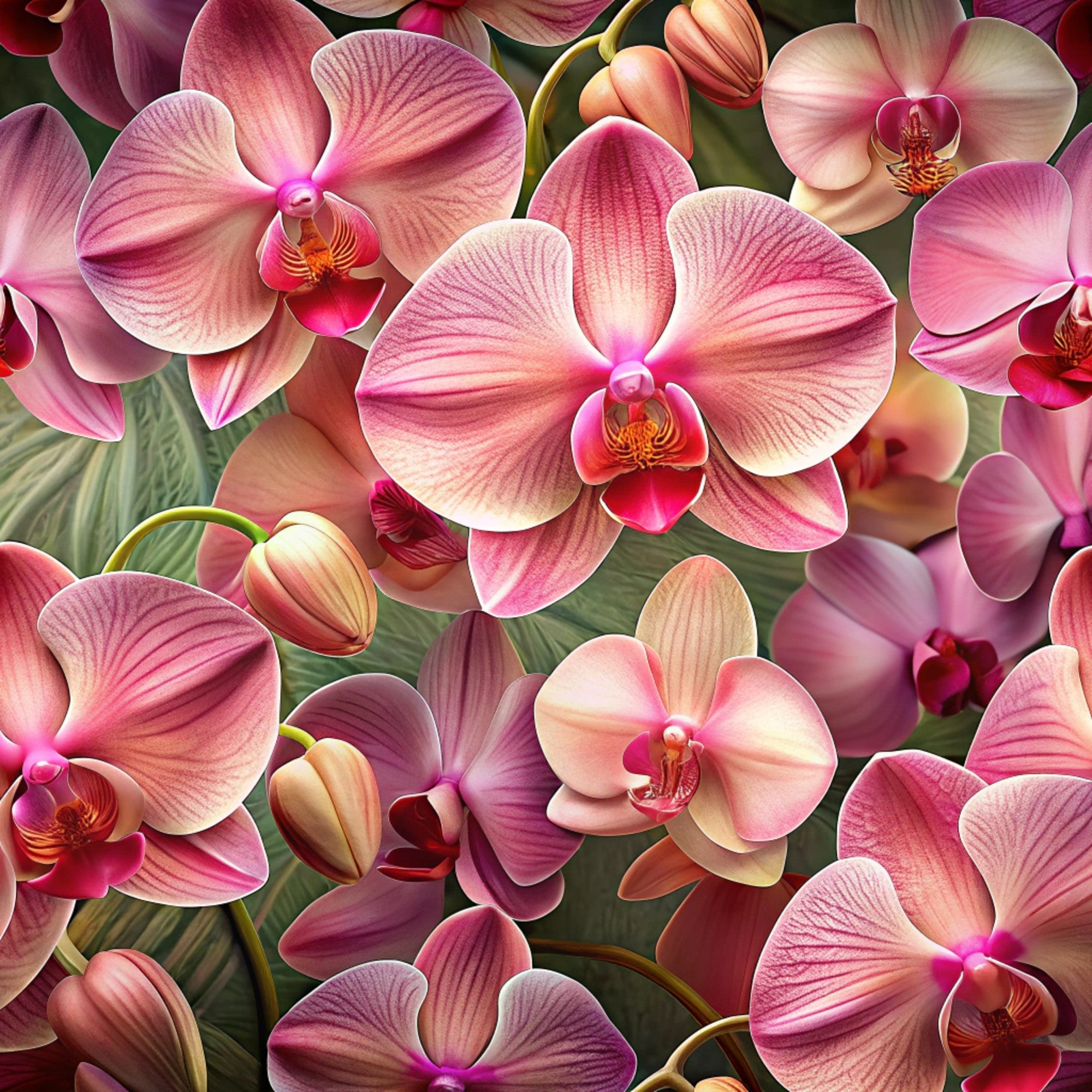 orchids, pink flowers, magenta petals, peach tones, coral hues, realistic floral, botanical pattern, tropical flowers,, fabric panel, lush blooms, exotic flowers, nature motif, garden theme, vibrant florals, detailed petals, flower centers, organic design, spring blooms, floral arrangement