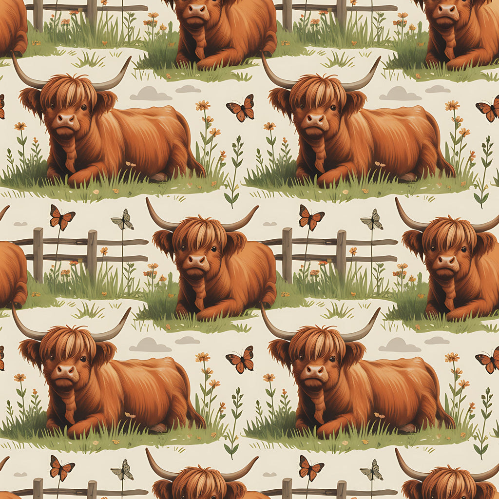 cartoon highland cows, orange fur, russet brown, pastoral scene, repeating pattern,, fabric panel, wooden fence, green grass, wildflowers, butterflies, whimsical style, farm animals, countryside setting, textile design, craft fabric, sewing material, nature elements, peaceful meadow, cottage core