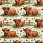 cartoon highland cows, orange fur, russet brown, pastoral scene, repeating pattern,, fabric panel, wooden fence, green grass, wildflowers, butterflies, whimsical style, farm animals, countryside setting, textile design, craft fabric, sewing material, nature elements, peaceful meadow, cottage core