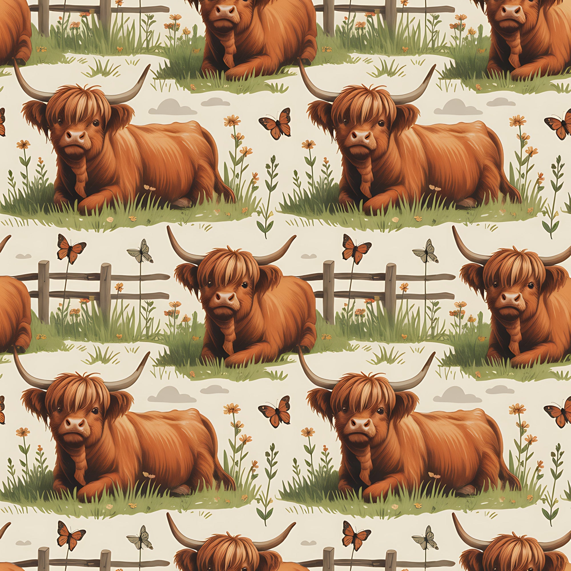 cartoon highland cows, orange fur, russet brown, pastoral scene, repeating pattern,, fabric panel, wooden fence, green grass, wildflowers, butterflies, whimsical style, farm animals, countryside setting, textile design, craft fabric, sewing material, nature elements, peaceful meadow, cottage core