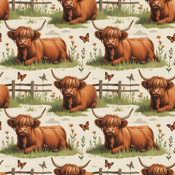 cartoon highland cows, orange fur, russet brown, pastoral scene, repeating pattern,, fabric panel, wooden fence, green grass, wildflowers, butterflies, whimsical style, farm animals, countryside setting, textile design, craft fabric, sewing material, nature elements, peaceful meadow, cottage core