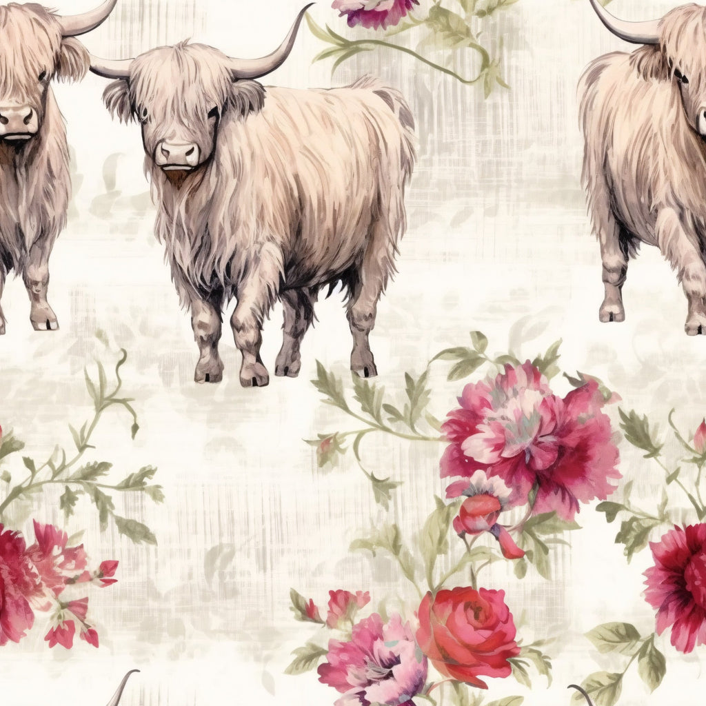 highland cows, scottish cattle, long horned cattle, shaggy fur, cream colored, beige tones, pink flowers, burgundy blooms, floral pattern, roses, peonies, green leaves,, fabric panel, farm animals, pastoral scene, rustic style, country theme, soft colors, repeating pattern