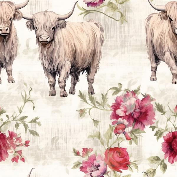 highland cows, scottish cattle, long horned cattle, shaggy fur, cream colored, beige tones, pink flowers, burgundy blooms, floral pattern, roses, peonies, green leaves,, fabric panel, farm animals, pastoral scene, rustic style, country theme, soft colors, repeating pattern