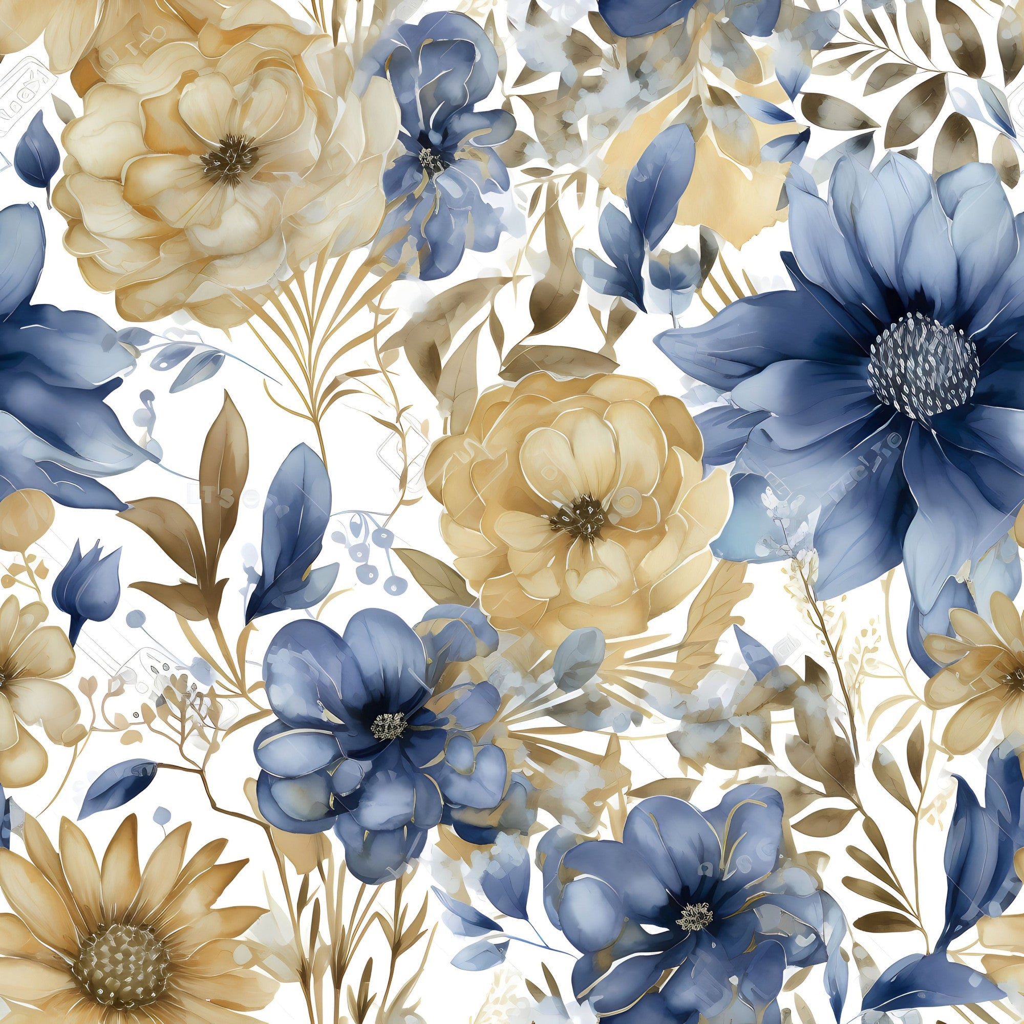 blue flowers, gold flowers, cream background, watercolor style, botanical pattern, large blooms, leafy foliage,, fabric panel, floral design, soft pastels, vintage inspired, romantic mood, layered petals, natural elements, elegant florals, muted tones, organic shapes, flowing composition