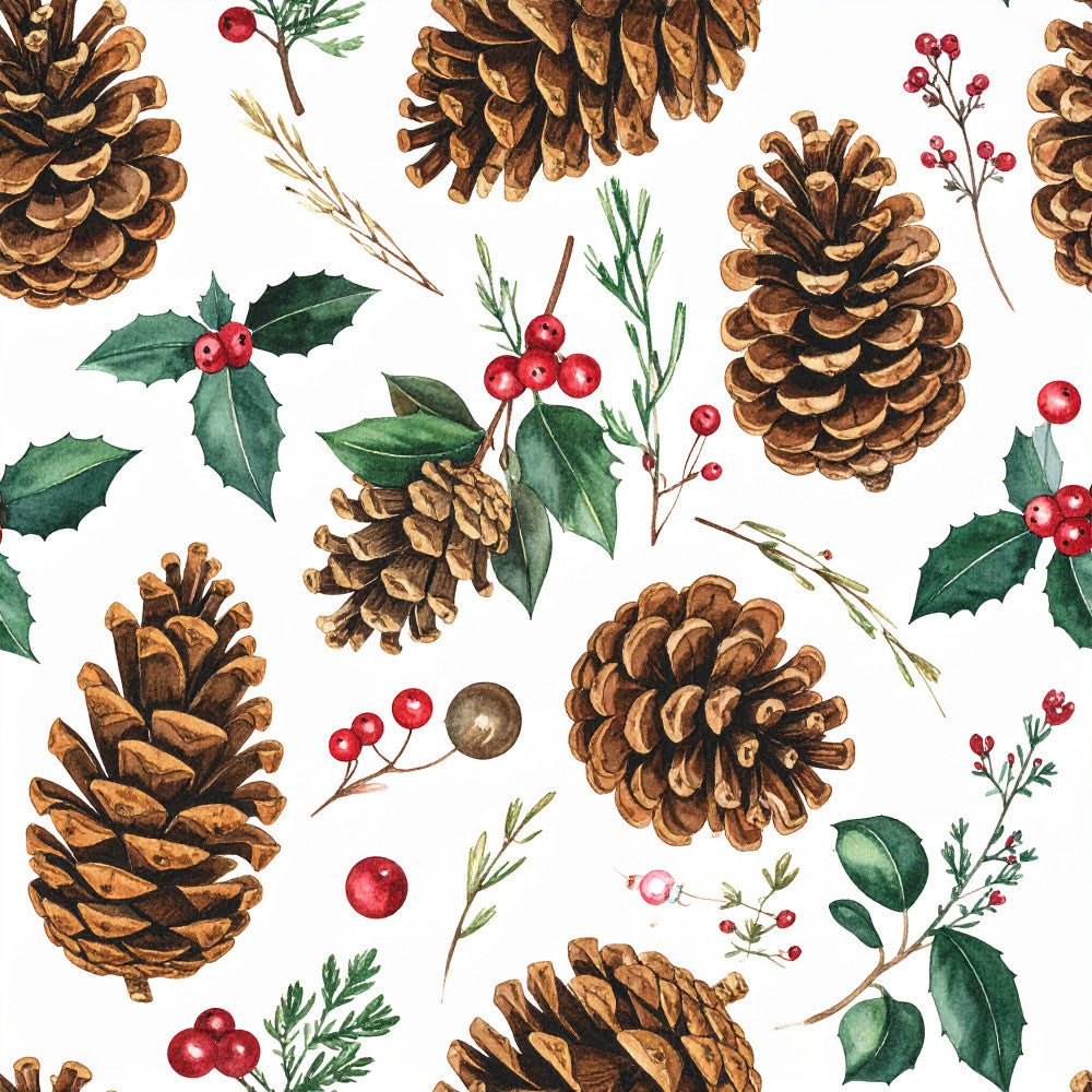 pinecones, holly, red berries, evergreen, gold brown, forest green, burgundy red, christmas, holiday, winter, festive, natural, rustic, botanical, woodland, vintage, traditional, nature-inspired, decorative branches, seasonal, berry sprigs, coniferous, rustic charm, elegant holiday, natural elements, earthy tones, festive decor, traditional christmas, winter botanicals, nature lover