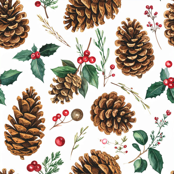 pinecones, holly, red berries, evergreen, gold brown, forest green, burgundy red, christmas, holiday, winter, festive, natural, rustic, botanical, woodland, vintage, traditional, nature-inspired, decorative branches, seasonal, berry sprigs, coniferous, rustic charm, elegant holiday, natural elements, earthy tones, festive decor, traditional christmas, winter botanicals, nature lover