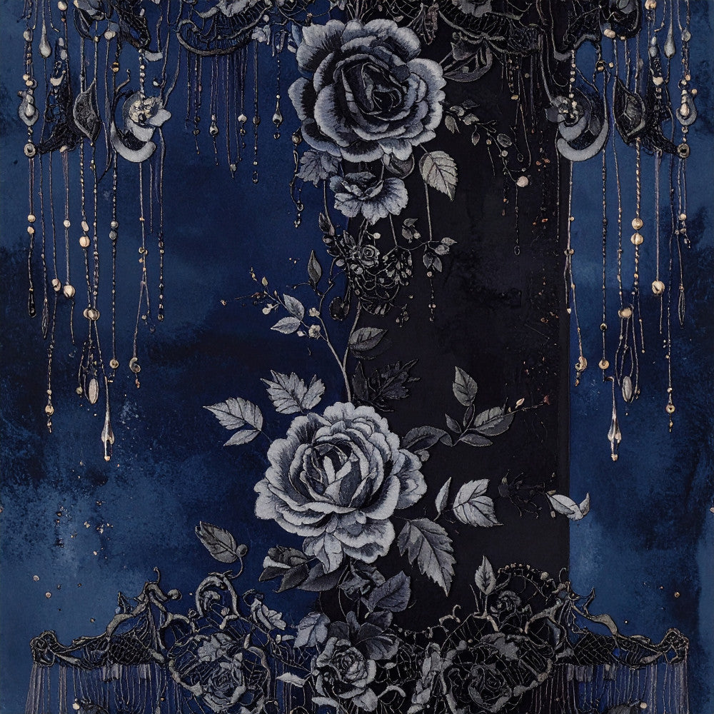 navy blue, midnight blue, deep blue, silver gray, charcoal gray, gold accents, roses, floral, vintage floral, gothic floral, elegant, sophisticated, celestial, moon phases, crescent moons, hanging crystals, jewel tones, dark romance, moody, dramatic, botanical, ornate, luxury, glamorous, nighttime, mystical, decorative chains, beaded details, bedroom decor, adult bedding