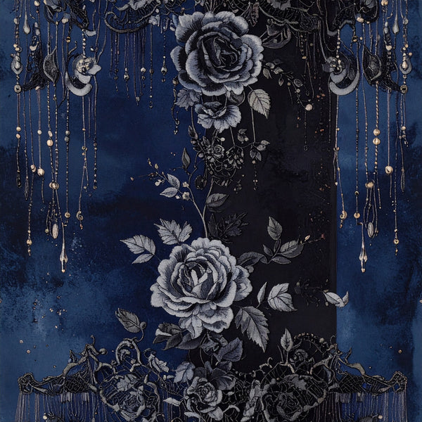 navy blue, midnight blue, deep blue, silver gray, charcoal gray, gold accents, roses, floral, vintage floral, gothic floral, elegant, sophisticated, celestial, moon phases, crescent moons, hanging crystals, jewel tones, dark romance, moody, dramatic, botanical, ornate, luxury, glamorous, nighttime, mystical, decorative chains, beaded details, bedroom decor, adult bedding