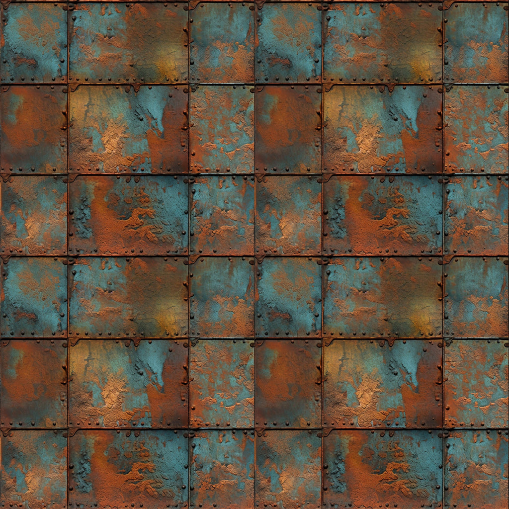 rust orange, teal blue, copper brown, weathered metal, oxidized surface, patina texture, industrial pattern, distressed finish, riveted panels, corroded steel, vintage metal, steampunk aesthetic, grunge texture,, fabric panel, metallic appearance, aged iron, turquoise accents, geometric squares, textured surface