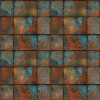 rust orange, teal blue, copper brown, weathered metal, oxidized surface, patina texture, industrial pattern, distressed finish, riveted panels, corroded steel, vintage metal, steampunk aesthetic, grunge texture,, fabric panel, metallic appearance, aged iron, turquoise accents, geometric squares, textured surface