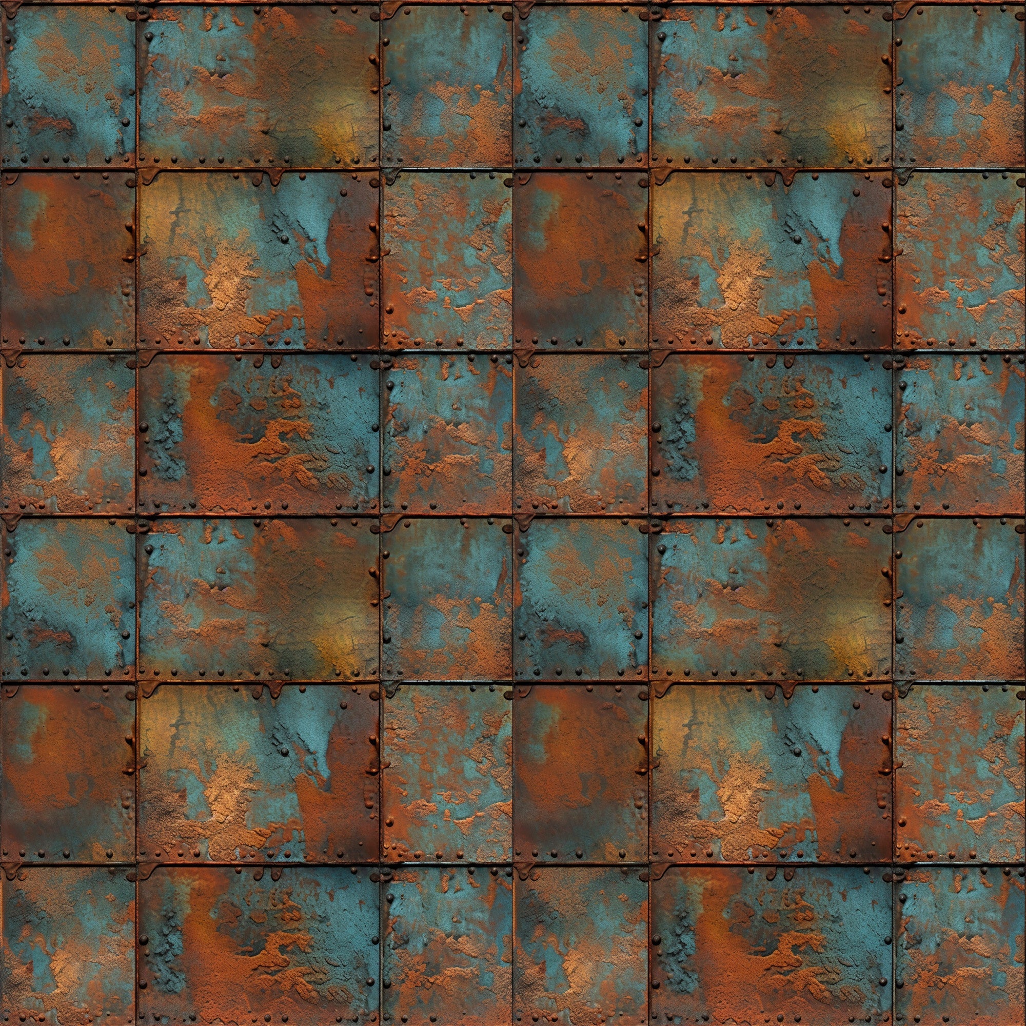 rust orange, teal blue, copper brown, weathered metal, oxidized surface, patina texture, industrial pattern, distressed finish, riveted panels, corroded steel, vintage metal, steampunk aesthetic, grunge texture,, fabric panel, metallic appearance, aged iron, turquoise accents, geometric squares, textured surface