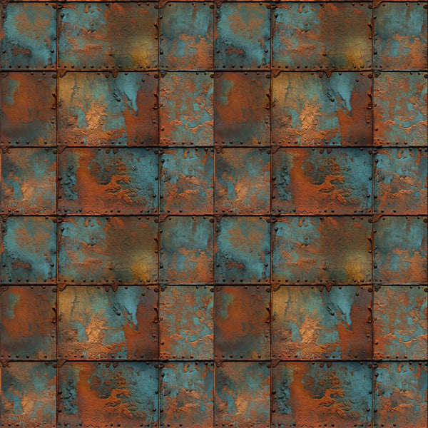 rust orange, teal blue, copper brown, weathered metal, oxidized surface, patina texture, industrial pattern, distressed finish, riveted panels, corroded steel, vintage metal, steampunk aesthetic, grunge texture,, fabric panel, metallic appearance, aged iron, turquoise accents, geometric squares, textured surface