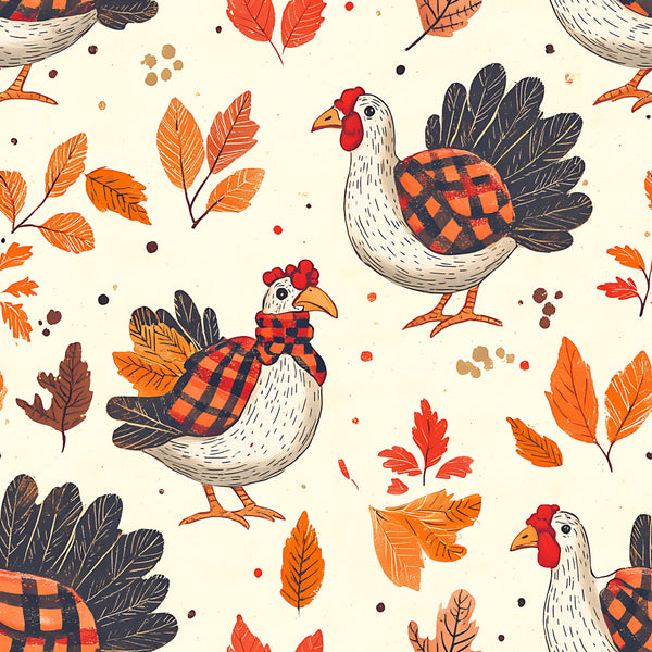 autumn chickens, fall harvest, cream background, orange leaves, red plaid, navy feathers, farmhouse style, rustic design, whimsical animals, poultry print, forest green, burnt orange, rooster pattern, hen motif, seasonal design, autumn colors, folk art style, country cottage, fall foliage, plaid pattern, decorative birds, harvest theme, autumn decor, cozy style, traditional pattern, nature inspired, kids room, playroom, fall season, cottage core