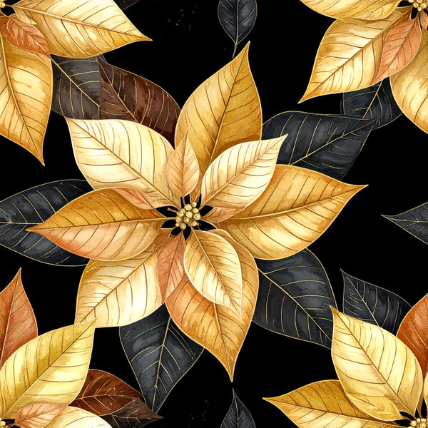 gold leaves, black background, cream, burnt orange, dark charcoal, poinsettia, floral, botanical, elegant, luxury, metallic gold, autumn, fall, holiday, christmas, nature-inspired, sophisticated, traditional, decorative leaves, festive, premium, winter, seasonal, warm tones, detailed pattern, leaf motif, statement print, celebration, formal