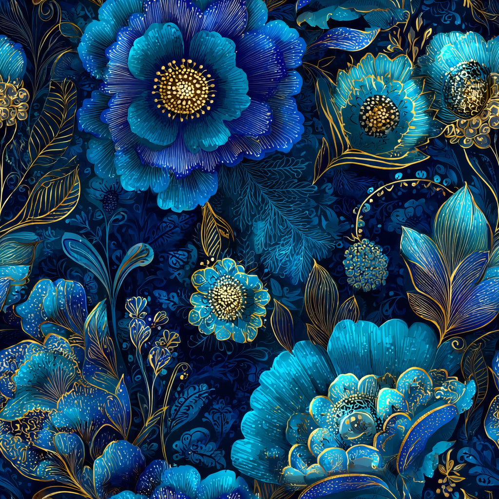 blue, turquoise, navy, gold, ornamental flowers, decorative blooms, paisley, intricate petals, detailed centers, flowing leaves, botanical motifs, luxurious pattern, elegant design,, fabric panel, rich colors, metallic accents, floral arrangement, ornate style, decorative art