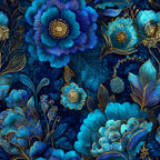 blue, turquoise, navy, gold, ornamental flowers, decorative blooms, paisley, intricate petals, detailed centers, flowing leaves, botanical motifs, luxurious pattern, elegant design,, fabric panel, rich colors, metallic accents, floral arrangement, ornate style, decorative art