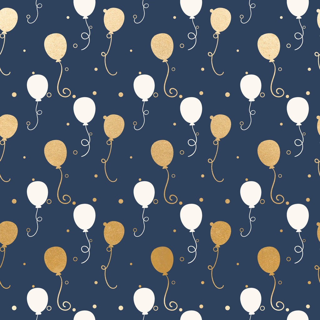 navy blue, gold, white, balloons, celebration, party, festive, curly ribbons, dots, confetti, repeating pattern,, fabric panel, elegant, sophisticated, birthday, anniversary, joyful, whimsical, modern