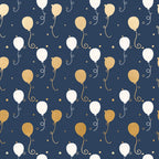 navy blue, gold, white, balloons, celebration, party, festive, curly ribbons, dots, confetti, repeating pattern,, fabric panel, elegant, sophisticated, birthday, anniversary, joyful, whimsical, modern