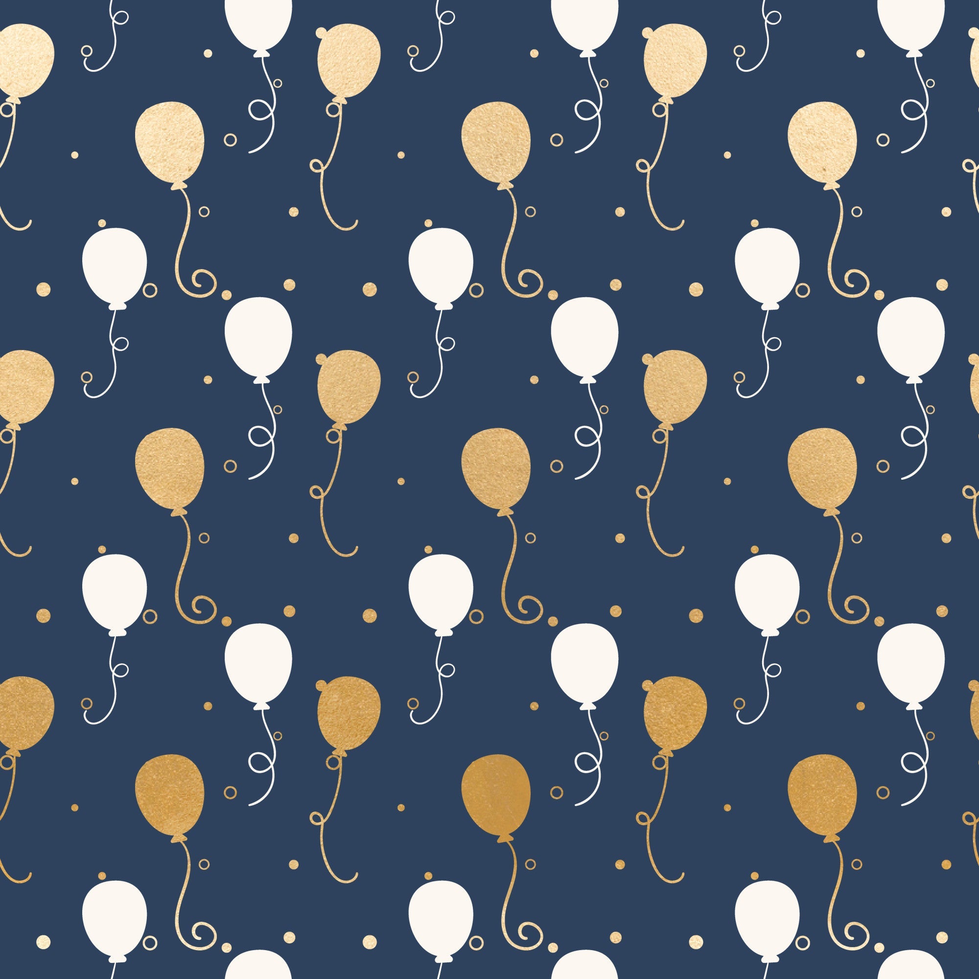 navy blue, gold, white, balloons, celebration, party, festive, curly ribbons, dots, confetti, repeating pattern,, fabric panel, elegant, sophisticated, birthday, anniversary, joyful, whimsical, modern