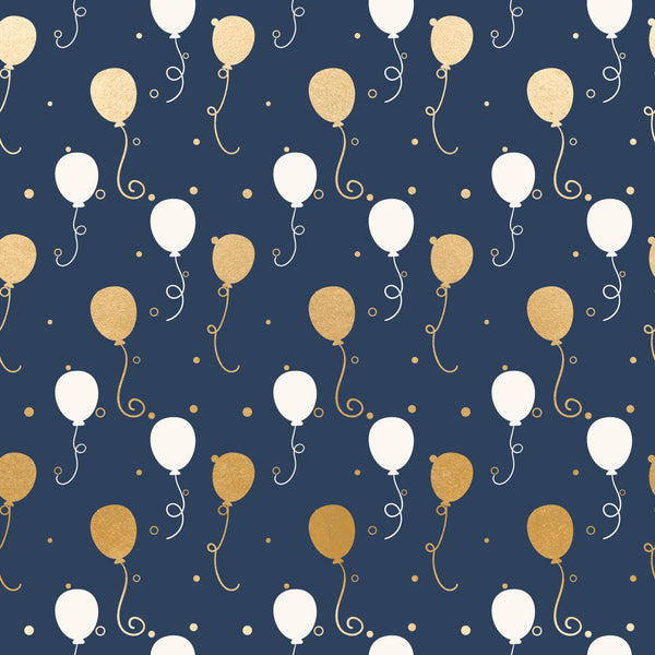 navy blue, gold, white, balloons, celebration, party, festive, curly ribbons, dots, confetti, repeating pattern,, fabric panel, elegant, sophisticated, birthday, anniversary, joyful, whimsical, modern