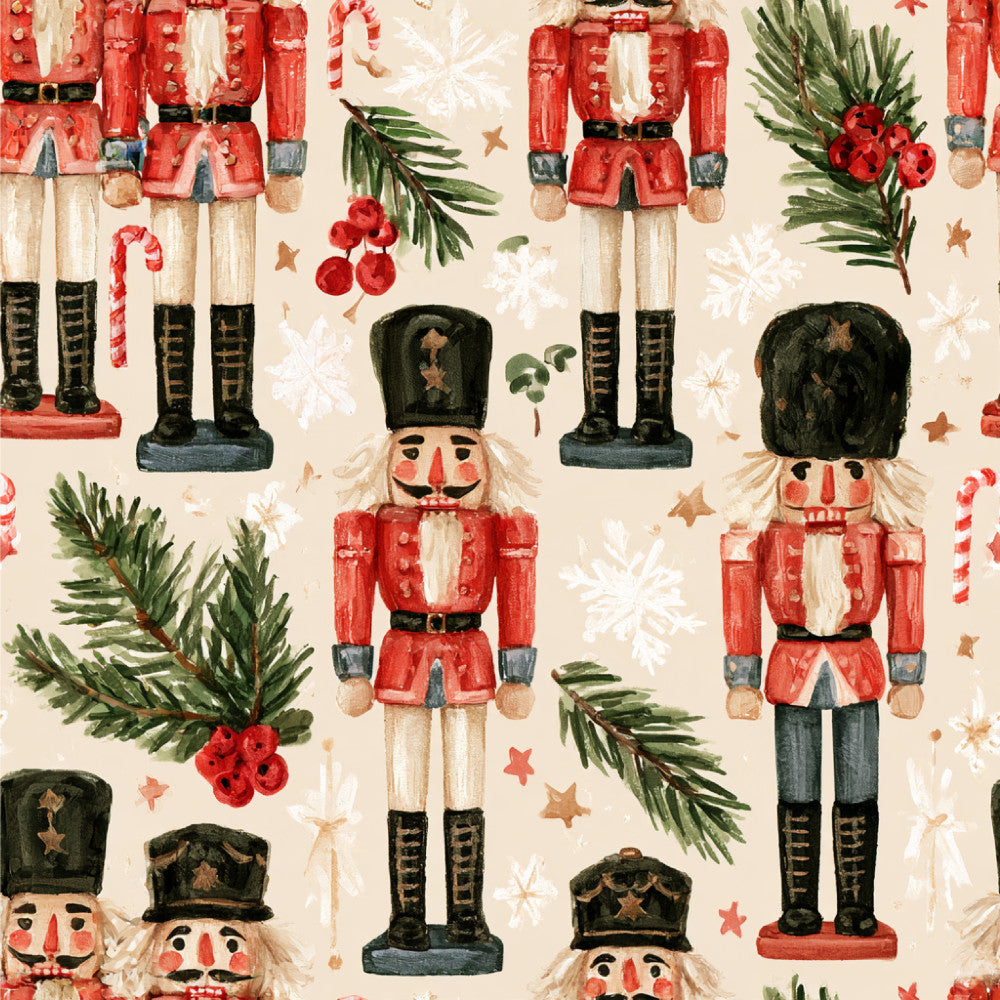 nutcracker, christmas, holiday, red, cream, ivory, forest green, black, gold, traditional, vintage, whimsical, festive, nutcracker soldier, candy cane, pine branches, berries, snowflakes, stars, wooden toy, classic, retro, seasonal, winter, children's, kids room, playroom, nursery, decorative, timeless