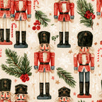 nutcracker, christmas, holiday, red, cream, ivory, forest green, black, gold, traditional, vintage, whimsical, festive, nutcracker soldier, candy cane, pine branches, berries, snowflakes, stars, wooden toy, classic, retro, seasonal, winter, children's, kids room, playroom, nursery, decorative, timeless