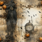 beige, cream, orange, dark gray, halloween, autumn, pumpkins, clock, ravens, flying birds, bare branches, dripping elements, gothic, spooky, witchy, vintage style,, fabric panel, seasonal, moody atmosphere