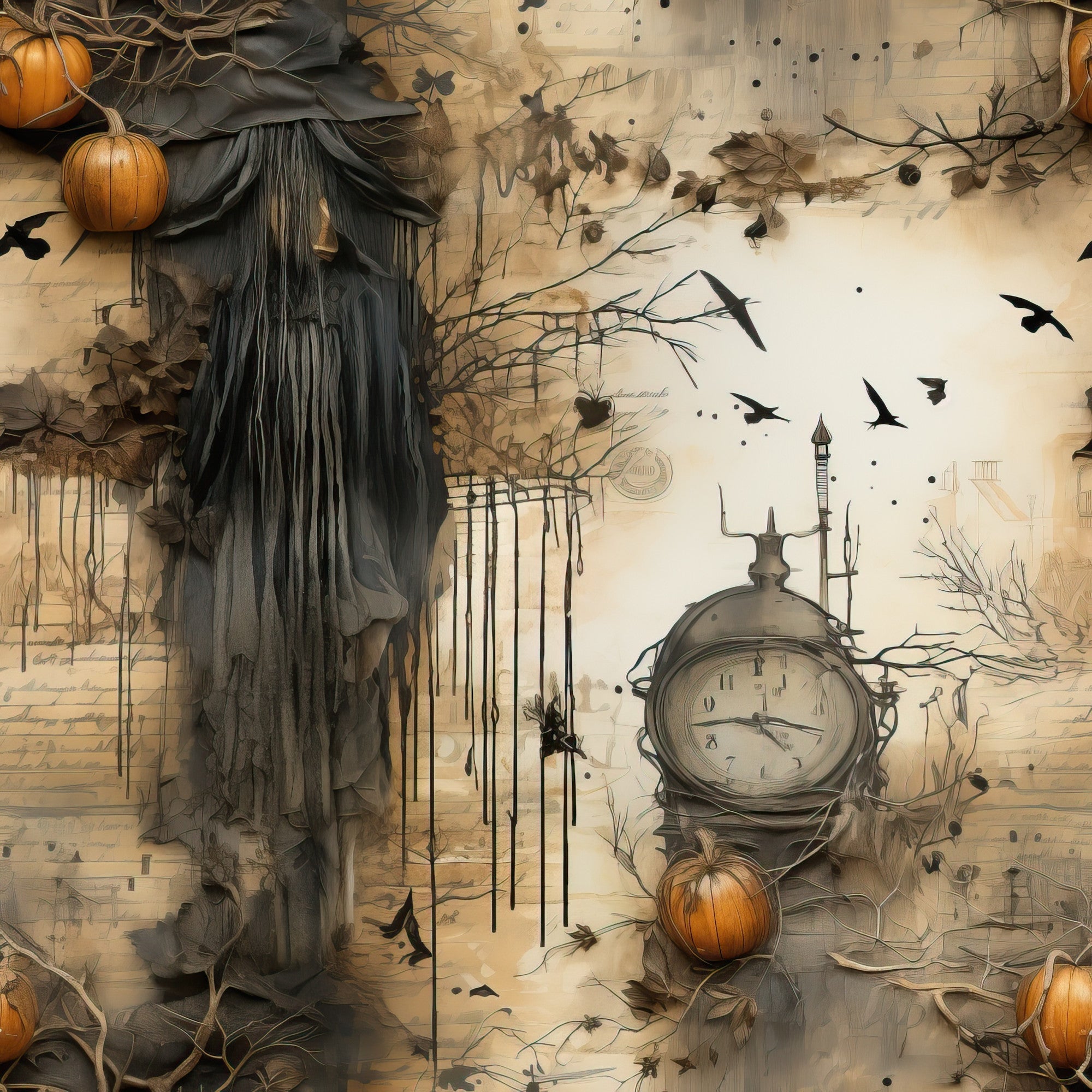 beige, cream, orange, dark gray, halloween, autumn, pumpkins, clock, ravens, flying birds, bare branches, dripping elements, gothic, spooky, witchy, vintage style,, fabric panel, seasonal, moody atmosphere