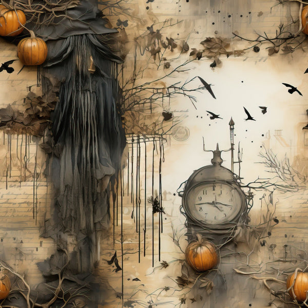 beige, cream, orange, dark gray, halloween, autumn, pumpkins, clock, ravens, flying birds, bare branches, dripping elements, gothic, spooky, witchy, vintage style,, fabric panel, seasonal, moody atmosphere