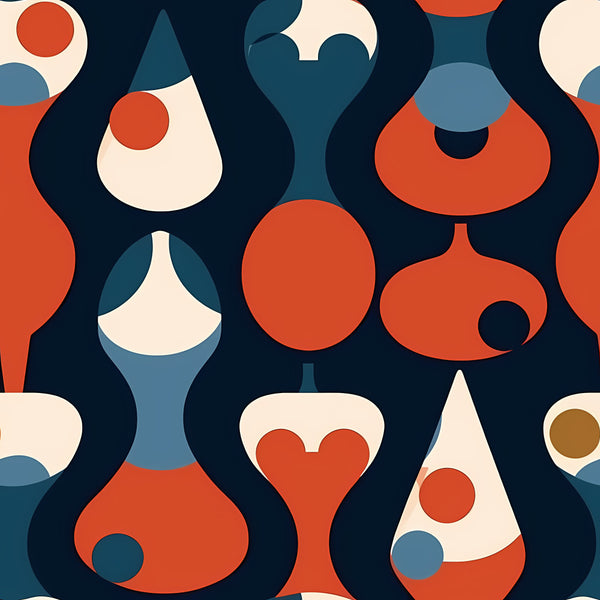 navy blue, coral red, cream, teal blue, burnt orange, geometric, abstract, modern, whimsical, hearts, musical instruments, violins, guitars, retro, mid-century modern, playroom, kids room, nursery, fun, colorful, bold, contemporary, artistic, stylized instruments, music themed, festive, vibrant, creative