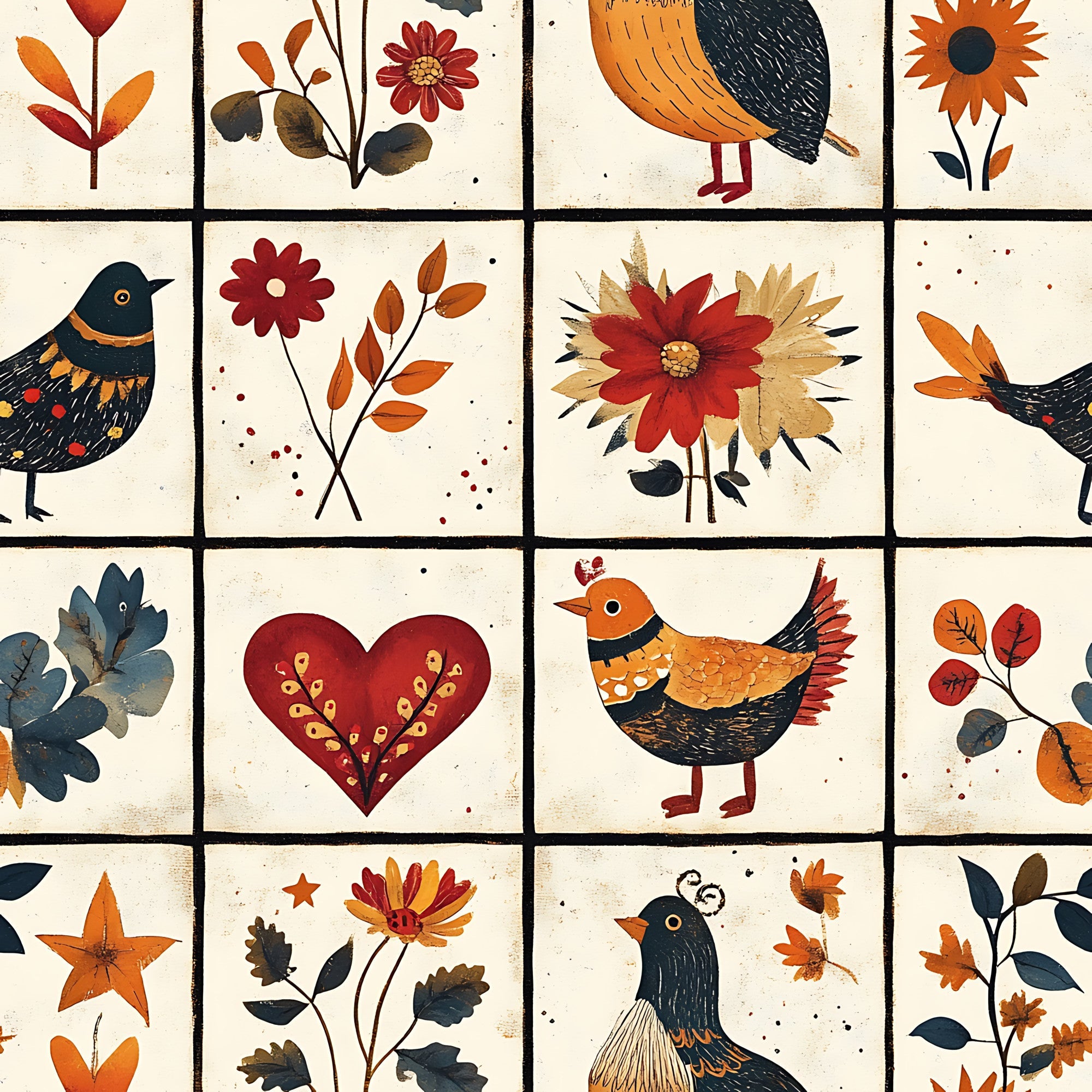 autumn colors,, fabric panel, folk art, birds, flowers, heart motif, orange, red, navy blue, cream background, botanical designs, decorative stitching, patchwork squares, rustic style, harvest theme, stylized animals, floral motifs, warm tones, crafting fabric