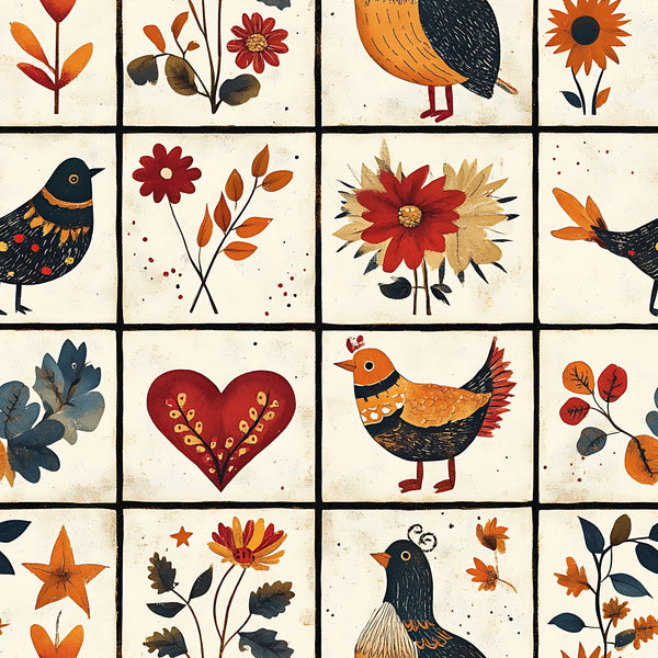 autumn colors,, fabric panel, folk art, birds, flowers, heart motif, orange, red, navy blue, cream background, botanical designs, decorative stitching, patchwork squares, rustic style, harvest theme, stylized animals, floral motifs, warm tones, crafting fabric