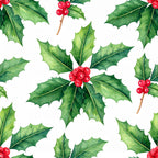holly green, red berries, forest green, bright red, cream white, christmas, holiday, festive, nature, botanical, traditional, elegant, winter, seasonal, holly leaves, berry sprigs, spiky leaves, red accents, natural, classic, timeless, decorative, repeating pattern, holiday decor, winter theme, seasonal fabric, christmas theme, vibrant red, rich green, glossy berries