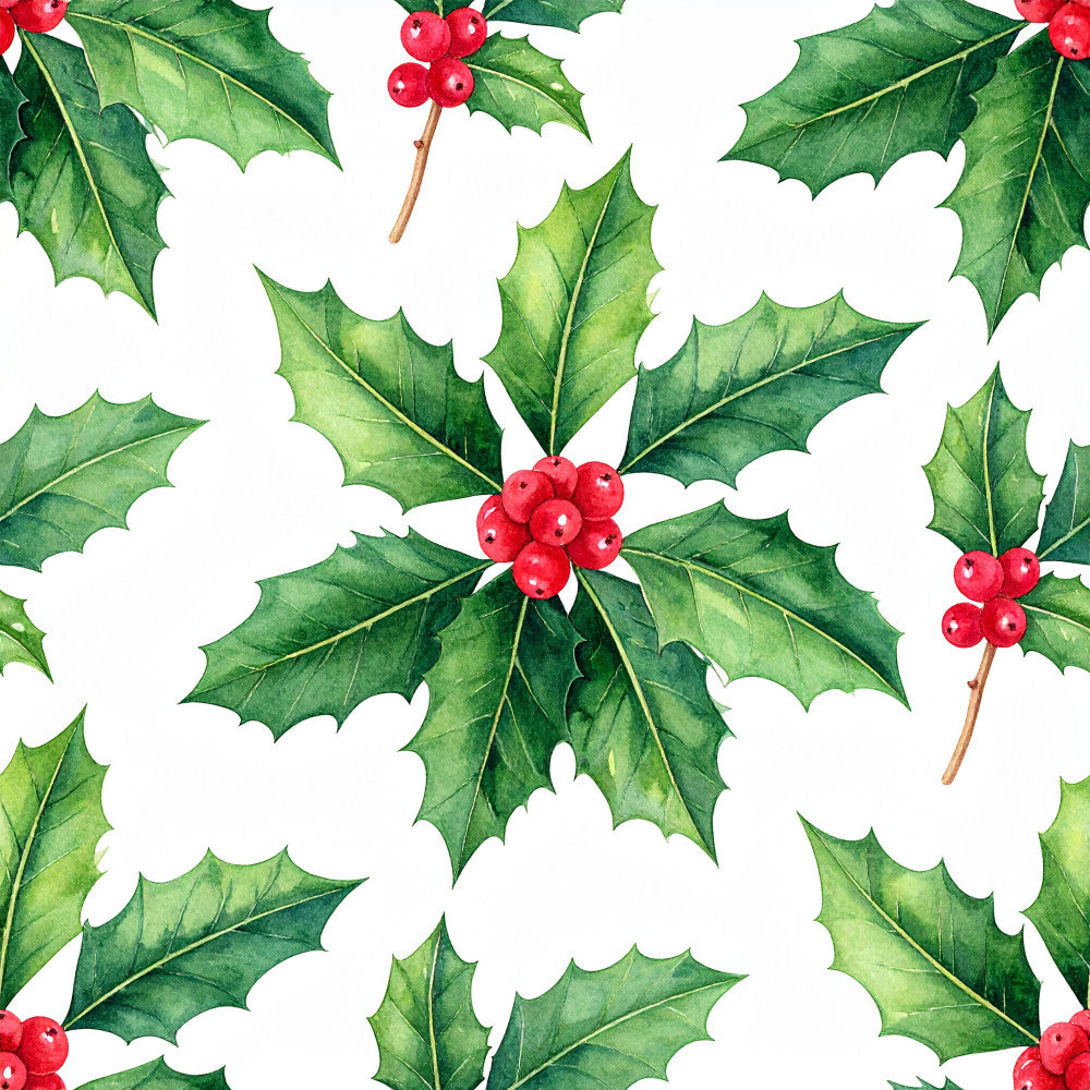 holly green, red berries, forest green, bright red, cream white, christmas, holiday, festive, nature, botanical, traditional, elegant, winter, seasonal, holly leaves, berry sprigs, spiky leaves, red accents, natural, classic, timeless, decorative, repeating pattern, holiday decor, winter theme, seasonal fabric, christmas theme, vibrant red, rich green, glossy berries