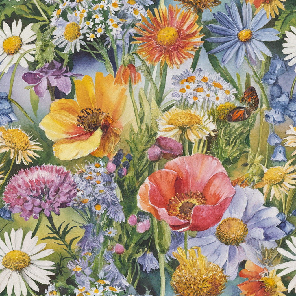 wildflowers, botanical illustration, watercolor style, coral poppies, purple asters, white daisies, yellow centers, orange petals, lavender blooms, green foliage, meadow flowers, spring garden, nature motif, floral pattern,, fabric panel, realistic flowers, mixed blooms, cottage garden, vibrant colors