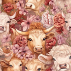 highland cows, floral pattern, pink flowers, coral blooms, cream colored, tan brown, peach tones, rose petals, cow faces, horned cattle, botanical design, whimsical illustration,, fabric panel, pastoral theme, farmhouse style, soft pastels, detailed artwork, repeating motif, nature inspired