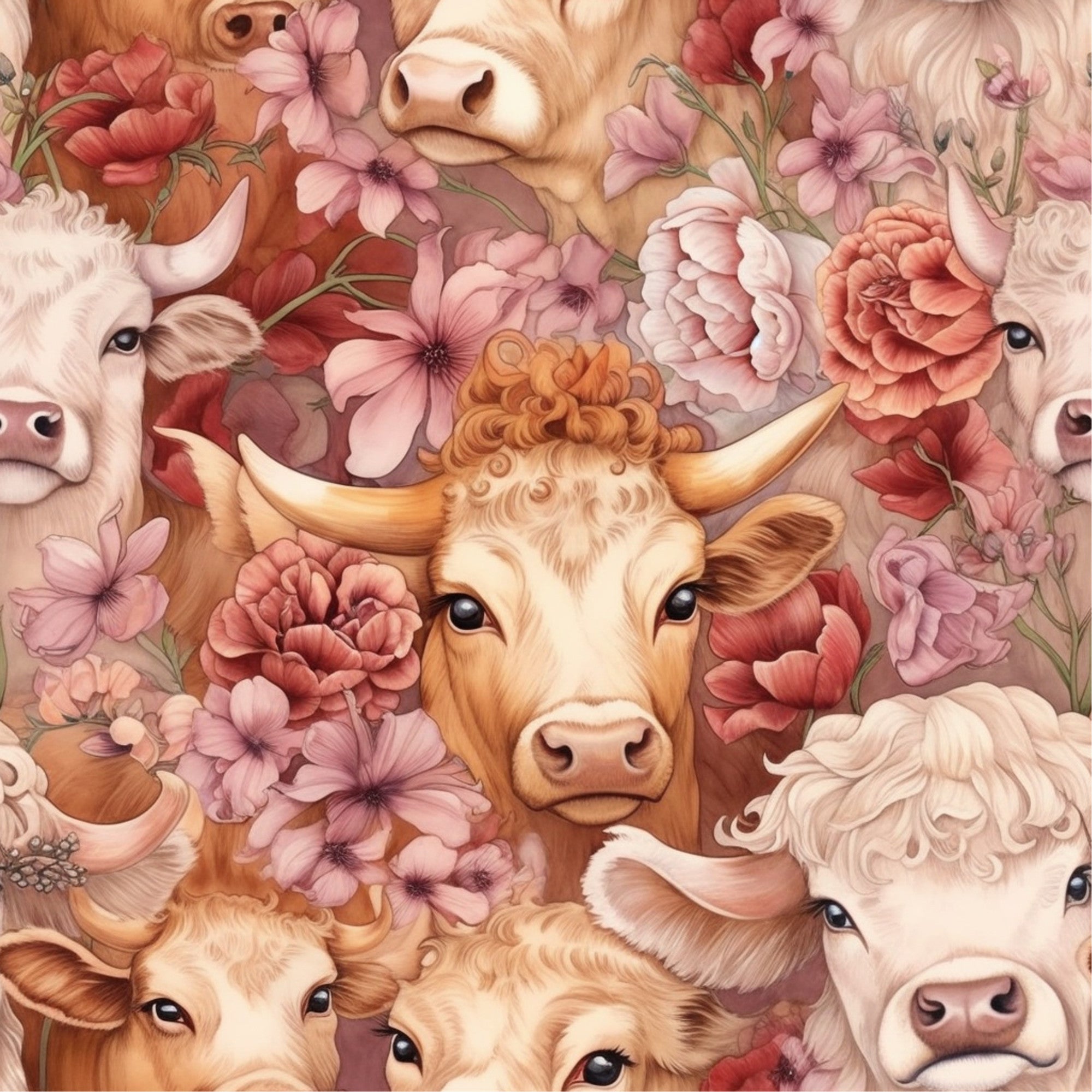 highland cows, floral pattern, pink flowers, coral blooms, cream colored, tan brown, peach tones, rose petals, cow faces, horned cattle, botanical design, whimsical illustration,, fabric panel, pastoral theme, farmhouse style, soft pastels, detailed artwork, repeating motif, nature inspired