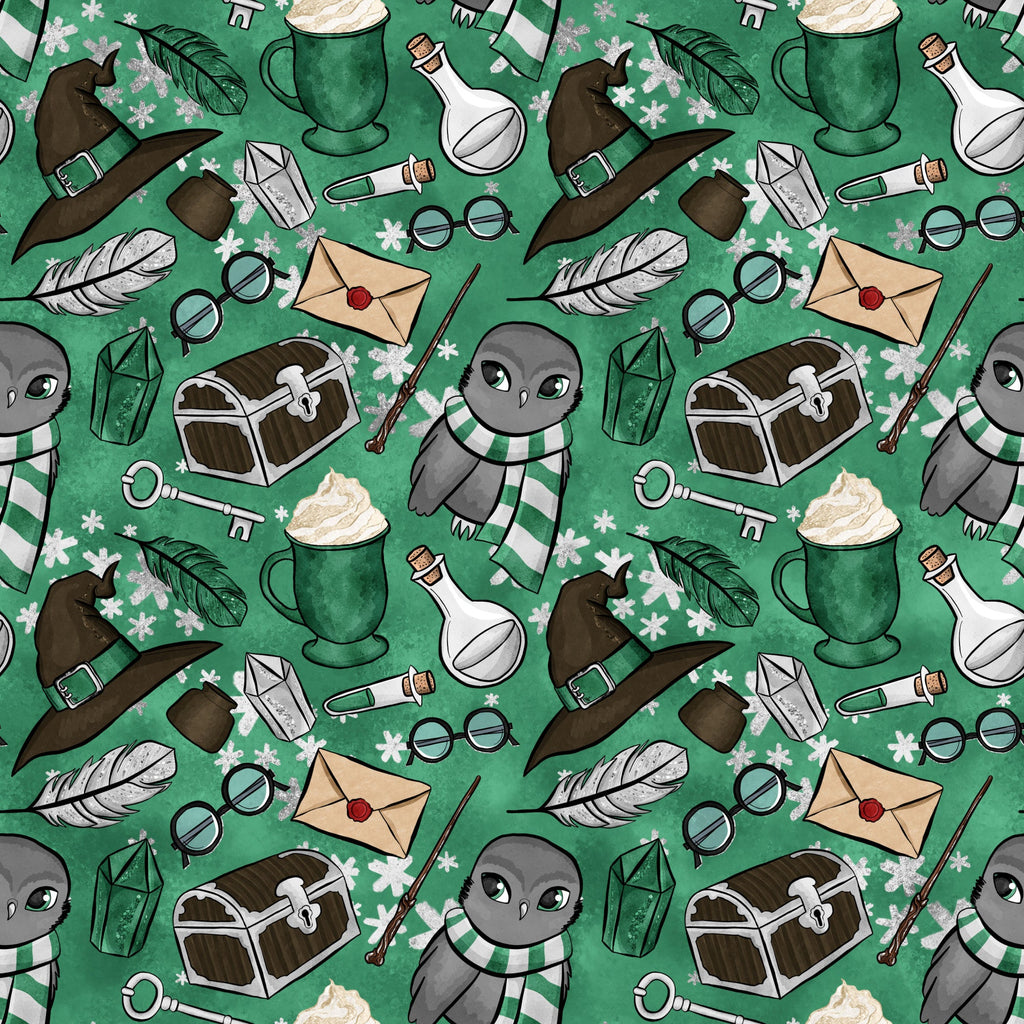 emerald green, forest green, wizard pattern, magical theme, owl characters, witch hats, potion bottles, treasure chests, feathers, magnifying glass, spectacles, wands, envelopes, keys, striped scarves, whimsical illustration, cartoon style,, repeating pattern, fantasy motifs, snowflakes, mystical elements