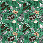 emerald green, forest green, wizard pattern, magical theme, owl characters, witch hats, potion bottles, treasure chests, feathers, magnifying glass, spectacles, wands, envelopes, keys, striped scarves, whimsical illustration, cartoon style,, repeating pattern, fantasy motifs, snowflakes, mystical elements