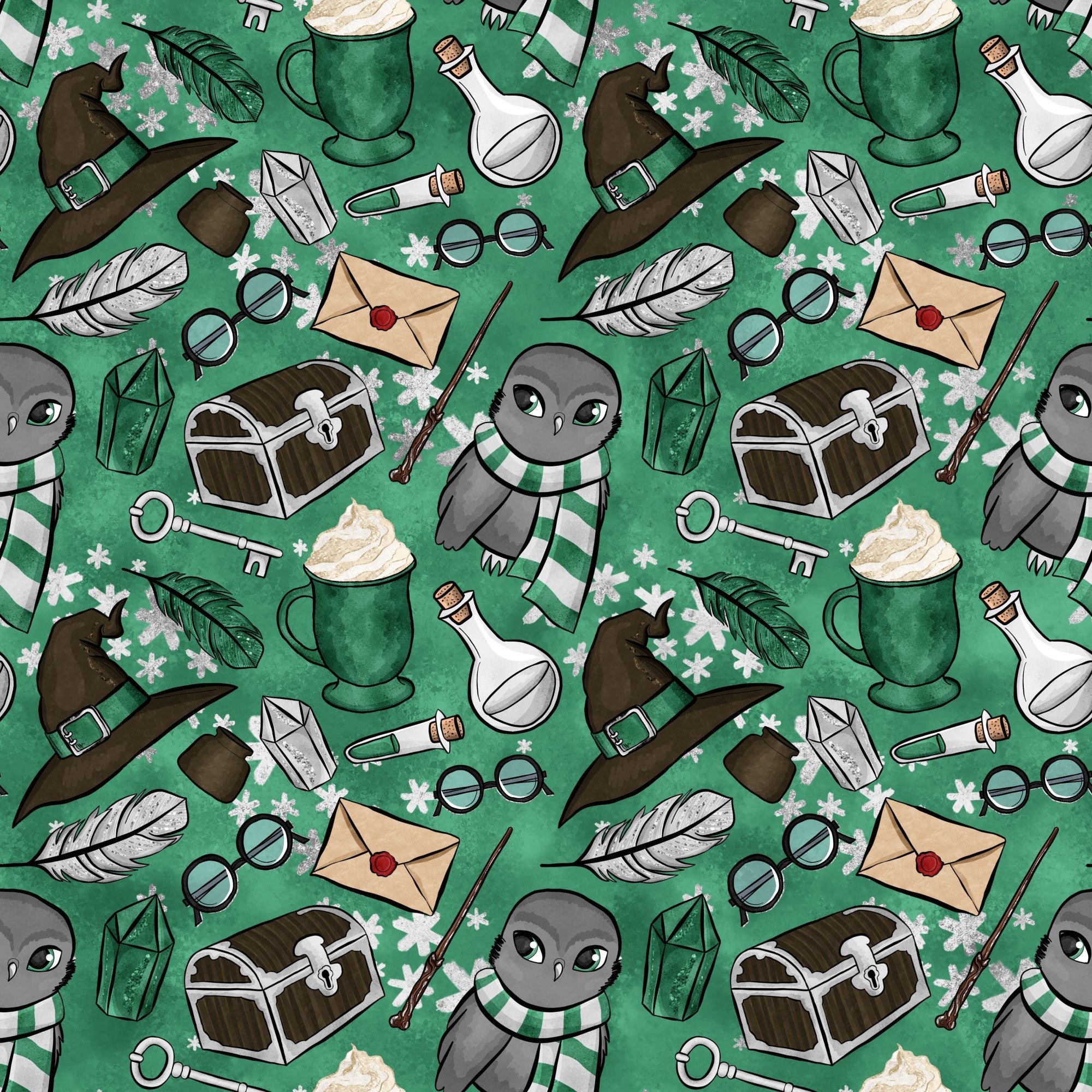 emerald green, forest green, wizard pattern, magical theme, owl characters, witch hats, potion bottles, treasure chests, feathers, magnifying glass, spectacles, wands, envelopes, keys, striped scarves, whimsical illustration, cartoon style,, repeating pattern, fantasy motifs, snowflakes, mystical elements